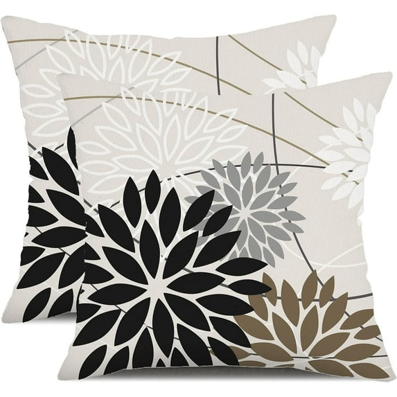 Black Brown Outdoor Pillow Covers 20x20 Inch Set of 2 White Gray Flower Throw Pillows Farmhouse Outdoor Modern Floral Linen Square Cushion Case Decor for Living Room Sofa Patio Funiture Garden