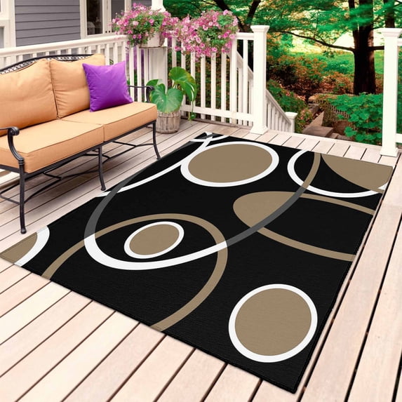 Black Brown Outdoor Rug for Patio/Deck/Porch, Non-Slip Large Area Rug 4 x 6 Ft, White Circle Modern Minimalist Geometric Indoor Outdoor Rugs Washable Area Rugs, Reversible Camping Rug Carpet Runner