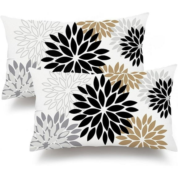 Black Brown Pillow Covers 12x20 Inch Set of 2 White Gray Flower Throw Pillows Farmhouse Outdoor Modern Floral Linen Square Cushion Case Decor for Living Room Sofa Patio Funiture Garden 002B12