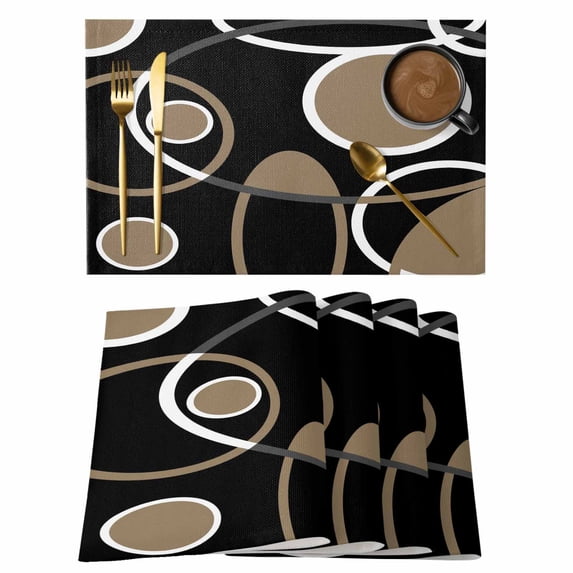 Black Brown Placemats Set of 12, White Circle Modern Minimalist Geometric Placemats for Dining Table, Place Mats for Kitchen Tabletop, Waterproof Wipeable Dining Table Mats Set