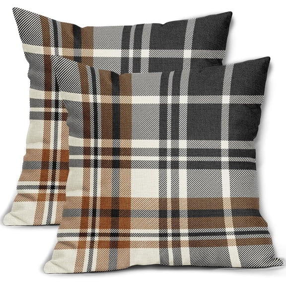 Black Brown Plaid Pillow Covers 16x16 Set of 2 Buffalo Plaid Tartan Pattern Print Decorative Outdoor Pillowcases Holiday Farmhouse Throw Cushion Case Couch Sofa Bed Decor