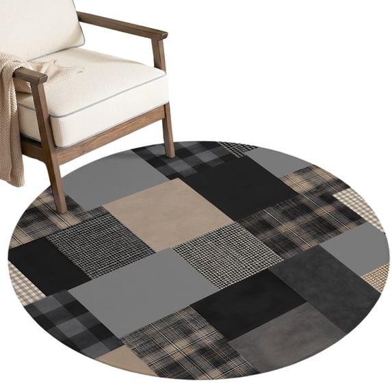 Black Brown Plaid Washable Round Area Rug 7 ft, Rustic Gingham Geometric Mosaic Print Blocks Soft Non‑Slip Rugs Stain Repellent Indoor Mats for Large Living Room, Dining‑Room, Open‑Plan Space