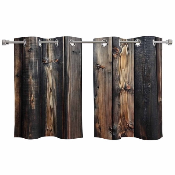 Black Brown Plank Kitchen Curtains Small Short 39 Inch Length, Vintage Chic Wooden Grain Grommet Top Bedroom Living Room Curtains, Light Filtering Cafe Curtain Drapes 2 Panels Set 55''x39''