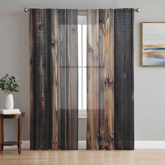 Black Brown Plank Sheer Curtains 63 Inch Length 2 Panels Set, Vintage Chic Wooden Grain Voile Window Treatment Rod Pocket Curtains Sheers Drapes for Bedroom/Living Room/Kitchen 52x"63"x2