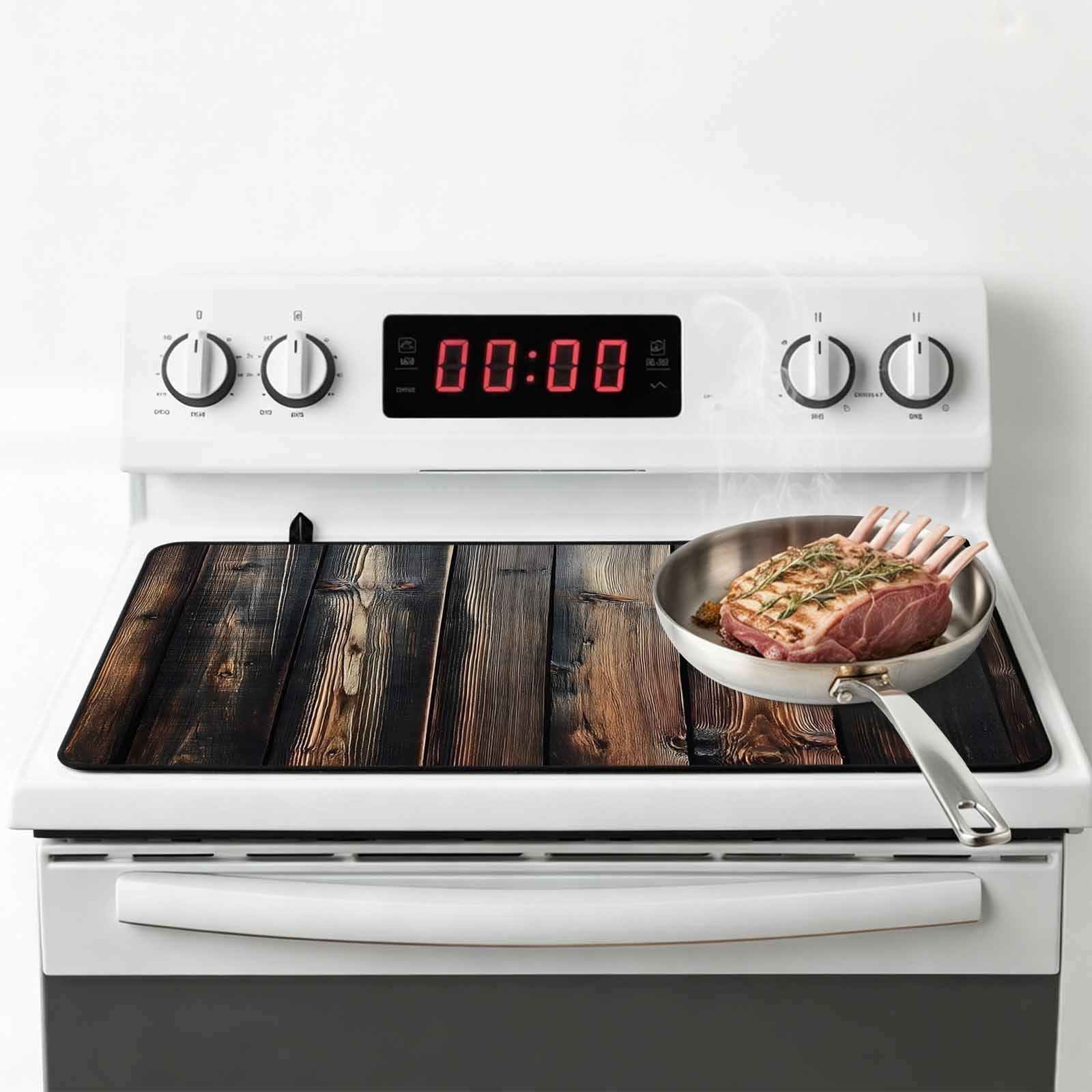 Black Brown Plank Stove Top Cover for Electric Stove, Heat-proof & Non Slip Glass Top Stove Cover Protector, Vintage Chic Wooden Grain Kitchen Flat Cooktop Rubber Mat 24x21 Inches