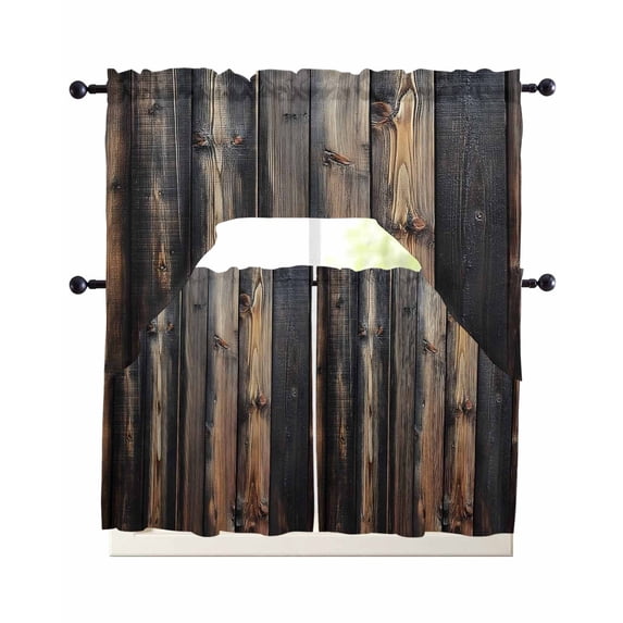 Black Brown Plank Swag Curtains for Living Room/Bedroom Windows, Vintage Chic Wooden Grain Kitchen Curtains and Valances Set 36 Inch Length, Light Filtering Swags Valance Curtain Panels