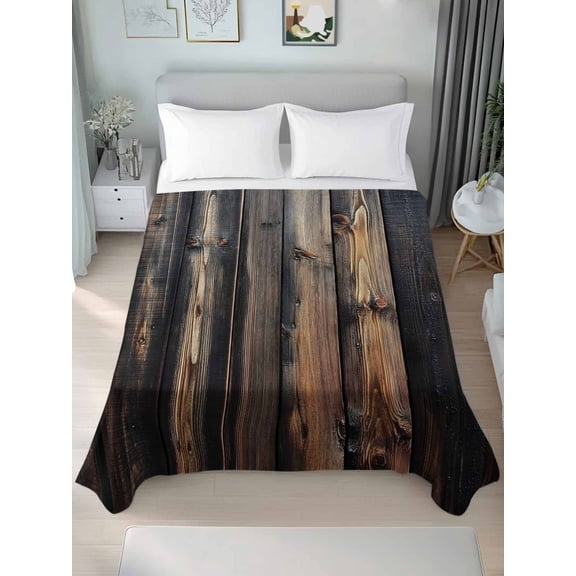 Black Brown Plank Twim Size Flat Sheet, Wrinkleproof & Fadeproof Cooling Flat Bed Sheet Only, Vintage Chic Wooden Grain Breathable Soft Bedding Top Sheets 66 x 96 Inches