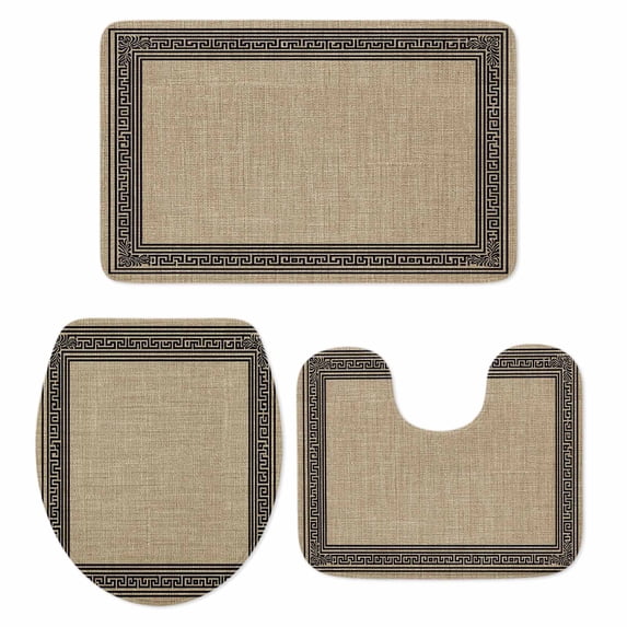Black Brown Retro Greek Key Bath Mat 3 Piece Bathroom Rug Set, Geometric Greece Ancient Rustic Non Slip Bath Rug Contour Mat and Toilet Lid Cover, Absorbent Shower Mats Soft Bath Rugs and Mats Sets