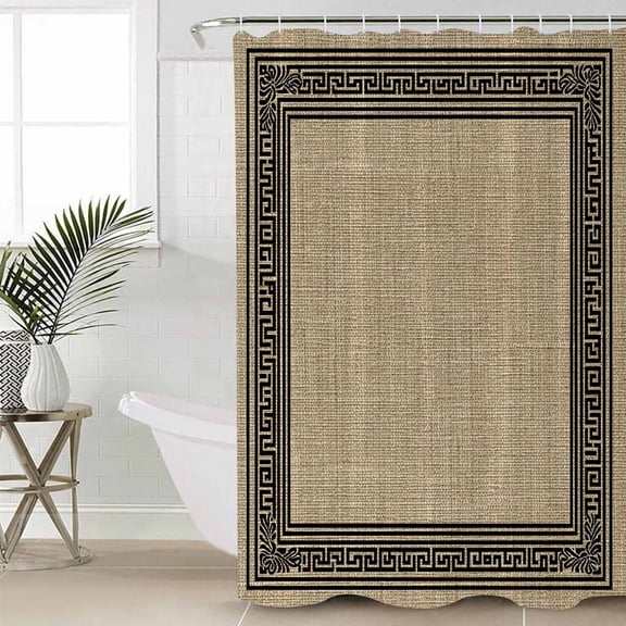 Black Brown Retro Greek Key Shower Curtain Set, Waterproof Shower Curtains for Bathroom, Geometric Greece Ancient Rustic Washable Fabric Cloth Bath Curtain for Bathtub with Hooks 48x72 Inches