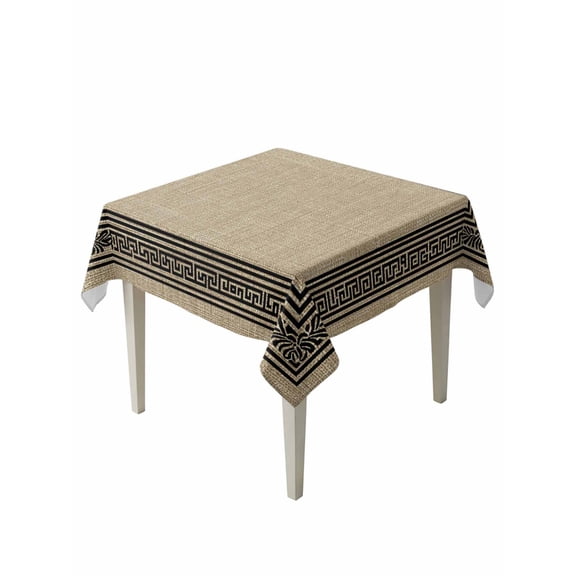 Black Brown Retro Greek Key Table Cloth, Geometric Greece Ancient Rustic Waterproof Tablecloth for Square Tables, Reusable Washable Fabric Table Cover for Restaurant Kitchen Dining Tables 54"x54"