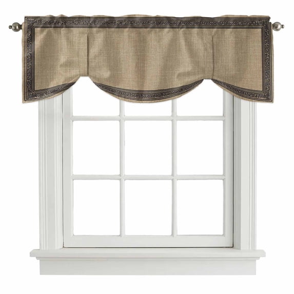 Black Brown Retro Greek Key Tie Up Valance Curtains for Windows, Kitchen Curtains Window Treatments, Geometric Greece Ancient Rustic Short Window Shades Valances for Bedroom Bathroom Cafe 54"x18"