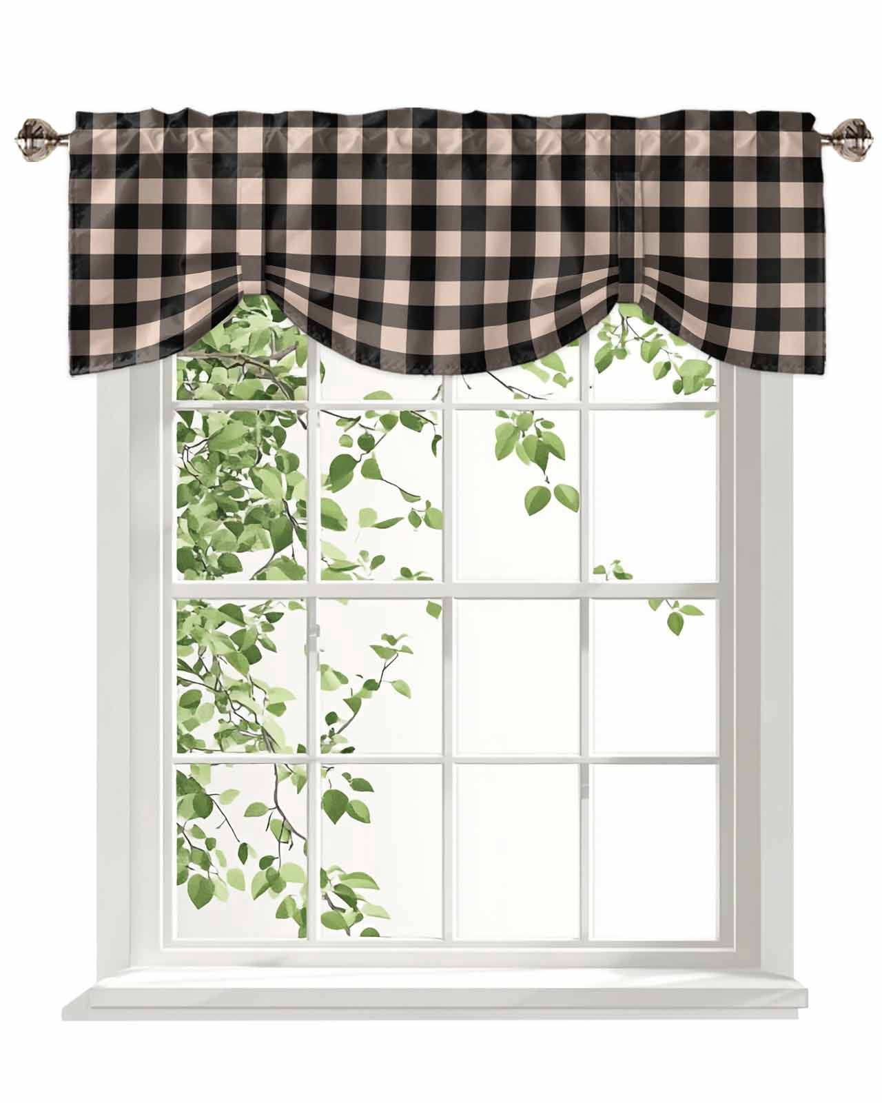 Black Brown Retro Plaid Tie Up Valances Curtain, Pastoral Plaid Vintage Style Kitchen Valances for Windows Decor, Rod Pocket Short Curtains Set for Bedroom/Bathroom, 54"x18"
