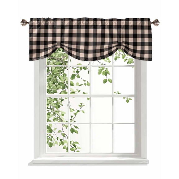 Black Brown Retro Plaid Tie Up Valances Curtain, Pastoral Plaid Vintage Style Kitchen Valances for Windows Decor, Rod Pocket Short Curtains Set for Bedroom/Bathroom, 60"x18"