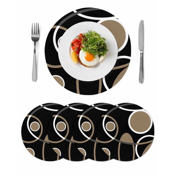 Black Brown Round 15 Inch Placemats Set of 4, White Circle Modern Minimalist Geometric HeatResistant Non Slip Place Mats for Dining Table, Wipeable Braided Kitchen Table Mats for Housewarming