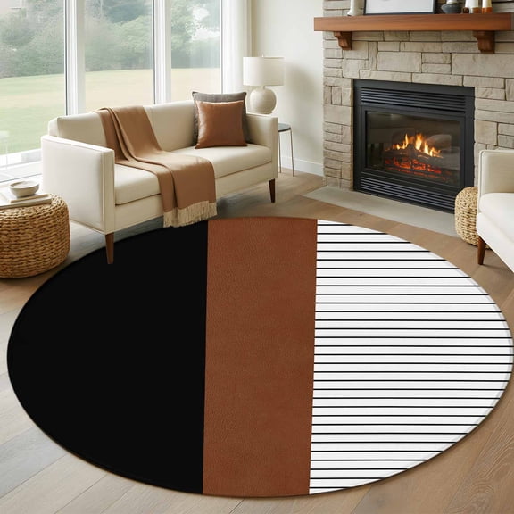 Black Brown Round Area Rug 5 FT, Non Slip Bedroom Area Rug, Contemporary Striped Boho Art Washable Soft Circular Carpet Non-Shedding Floor Mat for Kitchen Dining Room Foyer Balcony Dorm