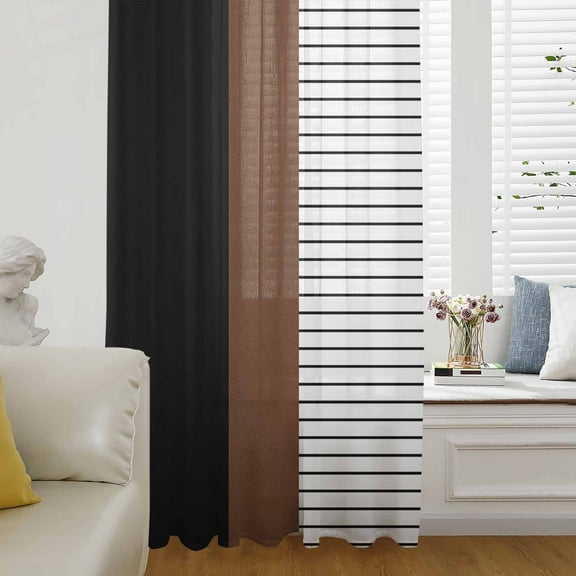 Black Brown Semi Sheer Curtains Drapes for Living Room, Bedroom, French Doors Window 63 Inches Long, Contemporary Striped Boho Art Rod Pocket Chiffon Curtain Drapery Voile Draperies Panel