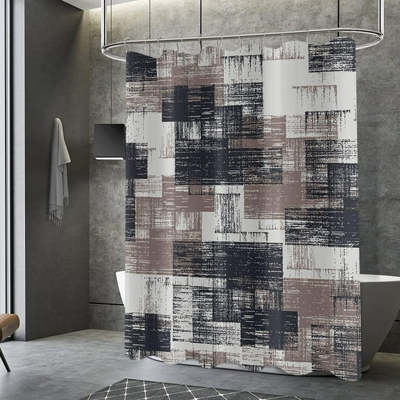 Black and Brown Shower Curtain, Plaid Abstract Art with Brushstrokes Image Print Bathroom Curtain for Men Bathtub Decor Waterproof Fabric Machine Washable with 12 Hooks