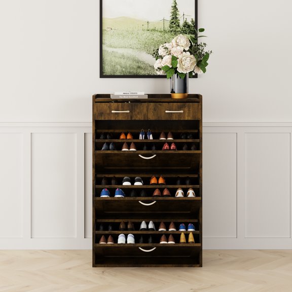 Black And Brown Solid Wood Shoe Cupboard - 31.49 Inches, Simple Generous With 3-layer Flip Bucket Drawers 31.49" Chest Cabinet Design, Convenient Drawer Storage