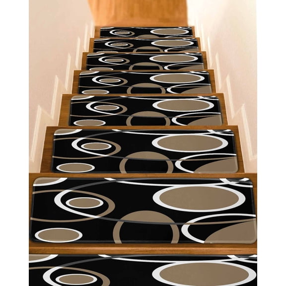 Black Brown Stair Treads for Wooden Steps Indoor Runner Rug Carpet, White Circle Modern Minimalist Geometric 4 Pieces Peel and Stick Staircase Step Treads Covers Washable Throw Door Mats, 30"x8"