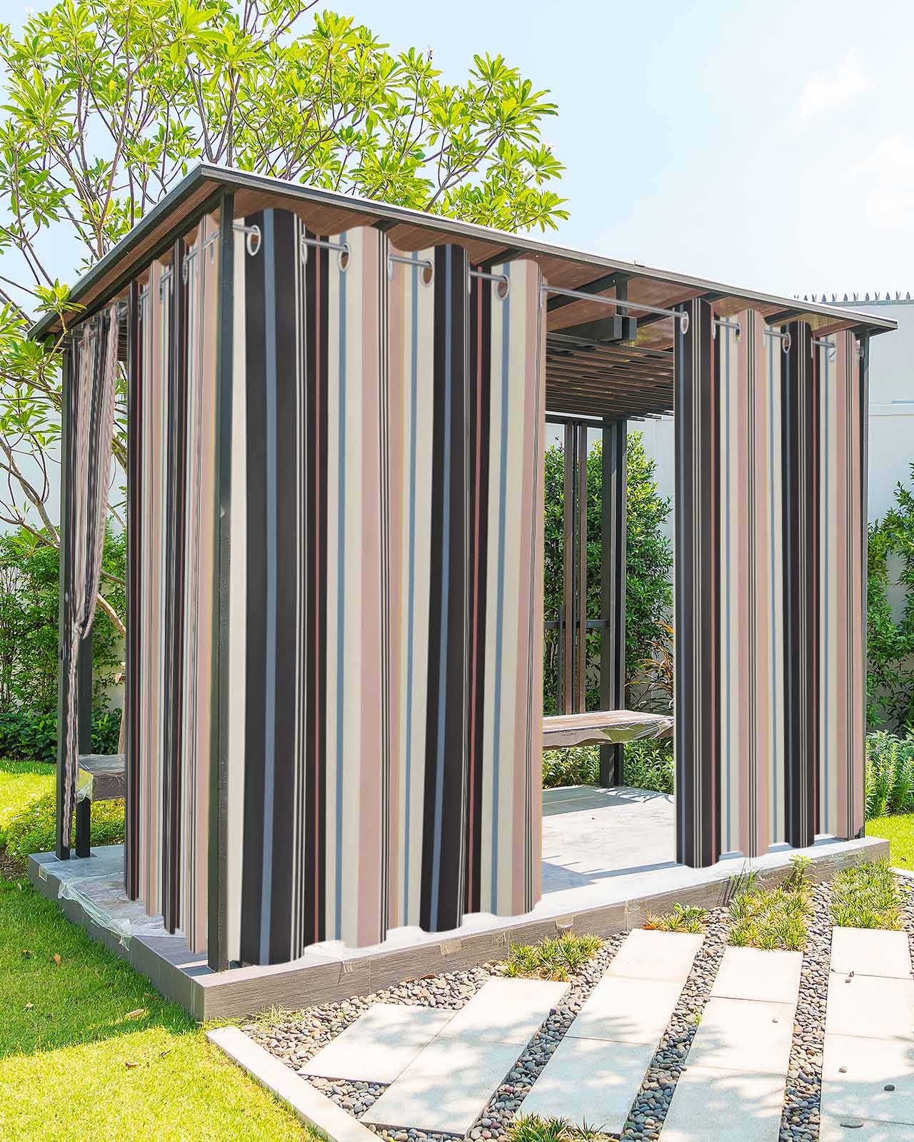 Black Brown Striped Outdoor Curtains for Patio, Modern Stripes Art Farmhouse Privacy Drapes Grommet Waterproof Outside Curtains for Porch/Cabana/Balcony 54"x 108", 1 Panel