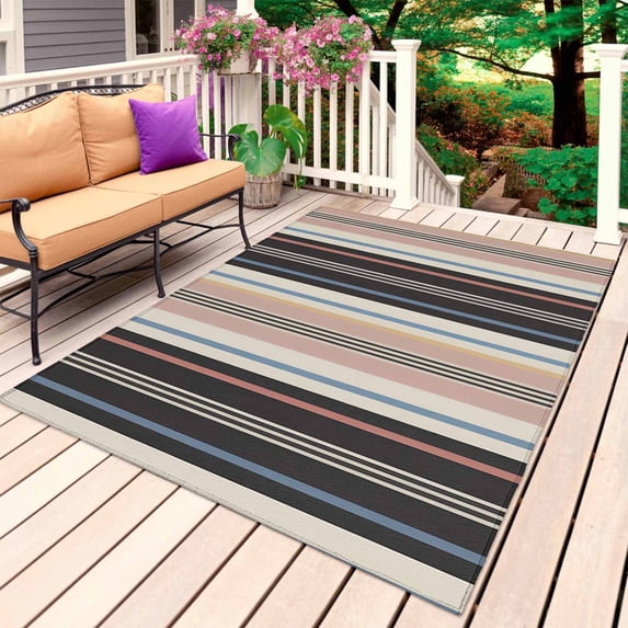 Black Brown Striped Outdoor Rug for Patio/Deck/Porch, Non-Slip Large Area Rug 5 x 7 Ft, Modern Stripes Art Farmhouse Indoor Outdoor Rugs Washable Area Rugs, Reversible Camping Rug Carpet Runner