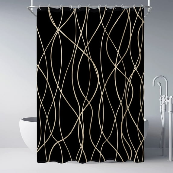 Black and Brown Striped Wavy Line Fabric Shower Curtain for Bathroom with 12 Hooks, Extra Long Shower Curtains for Bathroom 84 Inches Long, Waterproof Bath Accessories Hotel Style