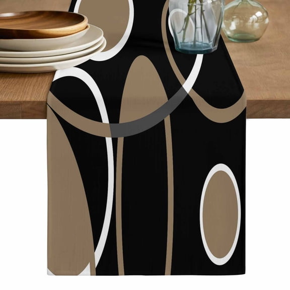 Black Brown Table Runner, White Circle Modern Minimalist Geometric Washable Cotton Linen Table Runners 36 Inches Long, Dresser Scarf Runner for Nightstand/End Tables/Round Tables 13''x36''