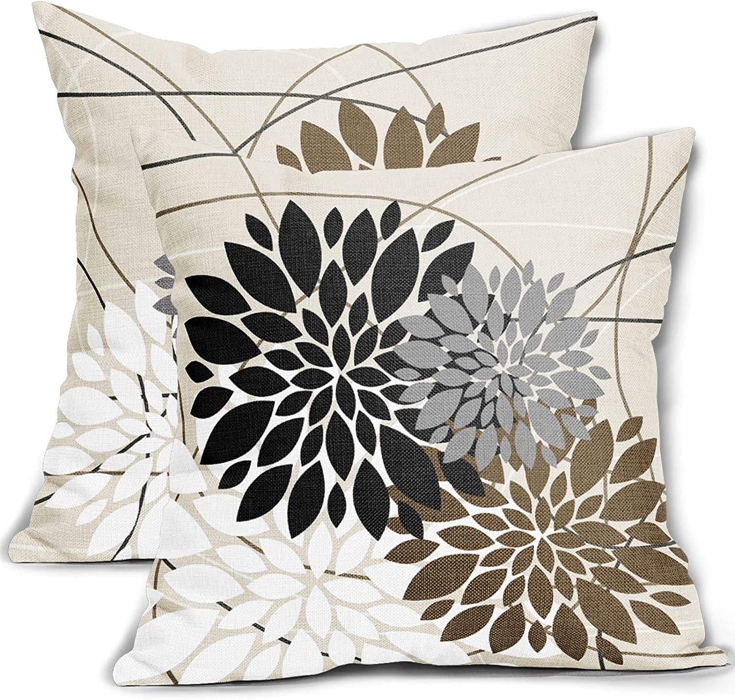 Black Brown Throw Pillow Covers 20x20 Inch Dahlia Flower Decorative Pillows Modern Geometry Floral Outdoor Farmhouse Pillowcase Linen Square Cushion Case Decor for Home Sofa Couch Bed, Set of 2