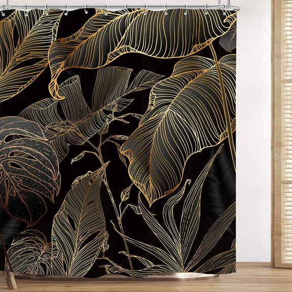 Black Brown Tropical Leaves Shower Curtain 72Wx72H Inch Palm Leaf Plant Botanical Jungle Rainforest Nature Modern Aesthetic with 12 Plastic Hooks Fabric Waterproof Toilet Accessories Decor