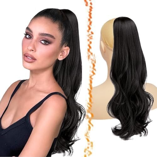 Black Brown Wavy Drawstring Ponytail Extension - 20 Inch Drawstring Comb Clip in Ponytail Hair Extensions for Women,  Looking Synthetic Curly Wavy Pony Tails Hairpieces