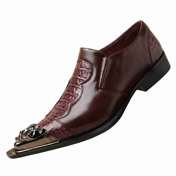 Black/Brown/White Men's Crocodile Texture Slip-On Dress Shoes with 3D Metal Lion Head - Patent Leather Formal Loafers