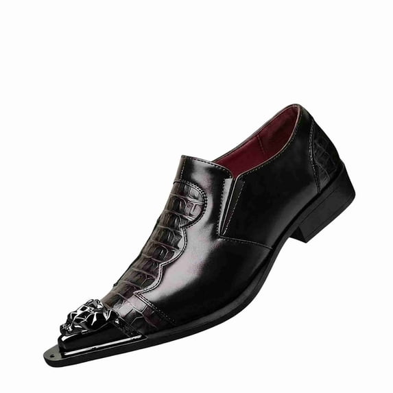 Black/Brown/White Men's Crocodile Texture Slip-On Dress Shoes with 3D Metal Lion Head - Patent Leather Formal Loafers