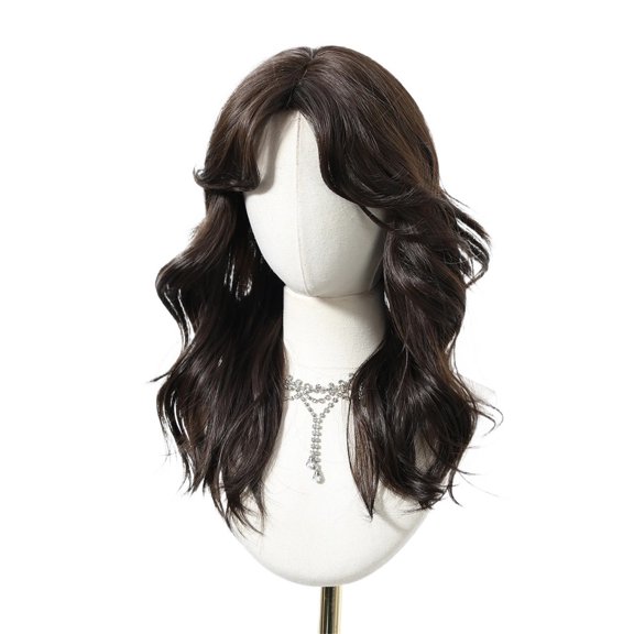 Black Brown Wig Medium Length Wavy Wigs Synthetic Water Wave Hair with Medium Part Curly Bangs