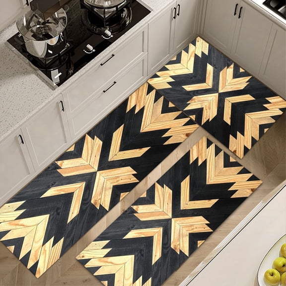 Black Brown Wood Textured Geometric Rugs Patchwork Rugs Farmhouse Kitchen Rugs Sets 3 Piece with Runner Soft Kitchen Carpets and Rugs Non Slip Washable for Bathroom Entryway Front Door Laundry