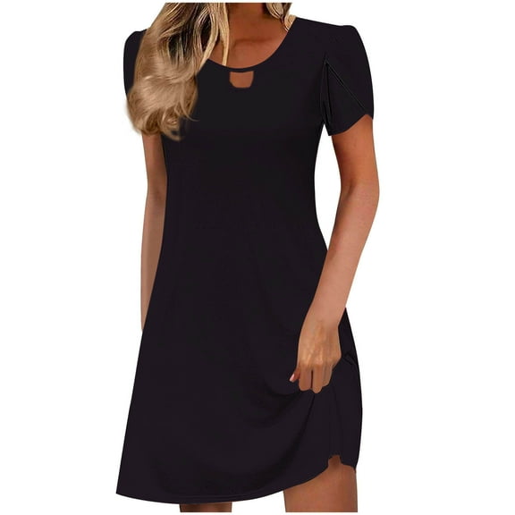 Black Brunch Dresses for Women Summer Fall Ruffle Spandex Midi Knee High Keyhole Eyelet Basic Dresses Ladies 2025 Clothes Trendy L