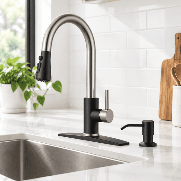 Black&Brushed with Soap Dispenser Stainless Steel Kitchen Faucet Set