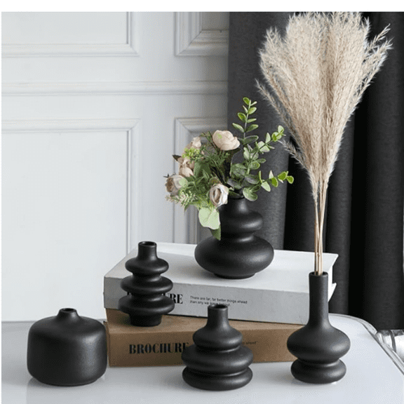 Black Bud Vases, Small Ceramic Vase Set of 5, Mini Pottery Vases for Flowers, Decorative Vases for Home Modern Decor, Boho Decor, Chic Vases for Living Room Dining Table Shelves