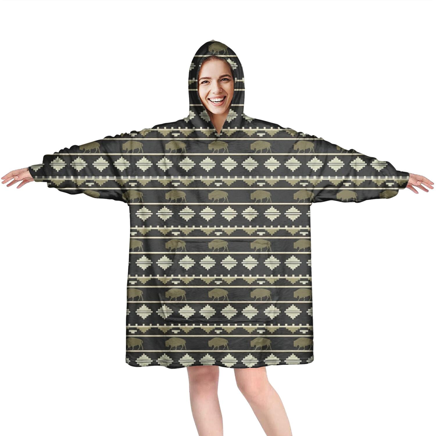 Black Buffalo Geometric Pattern Wearable Oversized Blanket,Wearable Blanket Hoodie for Adults,Cozy Hooded Blankets with Super Pockets,Super Warm Fuzzy Pullover for Women & Men