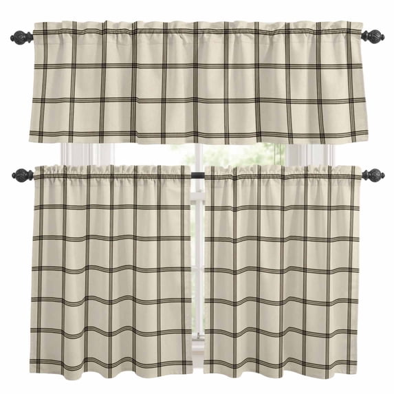 Black Buffalo Plaid Kitchen Curtains Valances and Tiers Set of 3 Farmhouse Vintage Linen Black Stripes Tier Curtains and Valance with Rod Pocket for Small Windows, 27.5"x36"