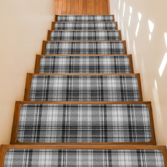 Black Buffalo Plaid Stair Treads Non Slip for Steps Rustic Farmhouse 10 Pcs Reusable Adhesive Stair Runner Mats for Dogs Elders Carpet Treads Rugs for Staircase 8x30 In