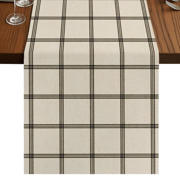 Black Buffalo Plaid Table Runner 48 Inches Long, Farmhouse Vintage Linen Black Stripes Cotton Linen Dining Table Runner Dresser Scarves for Home Kitchen Party Decor 13"x48"