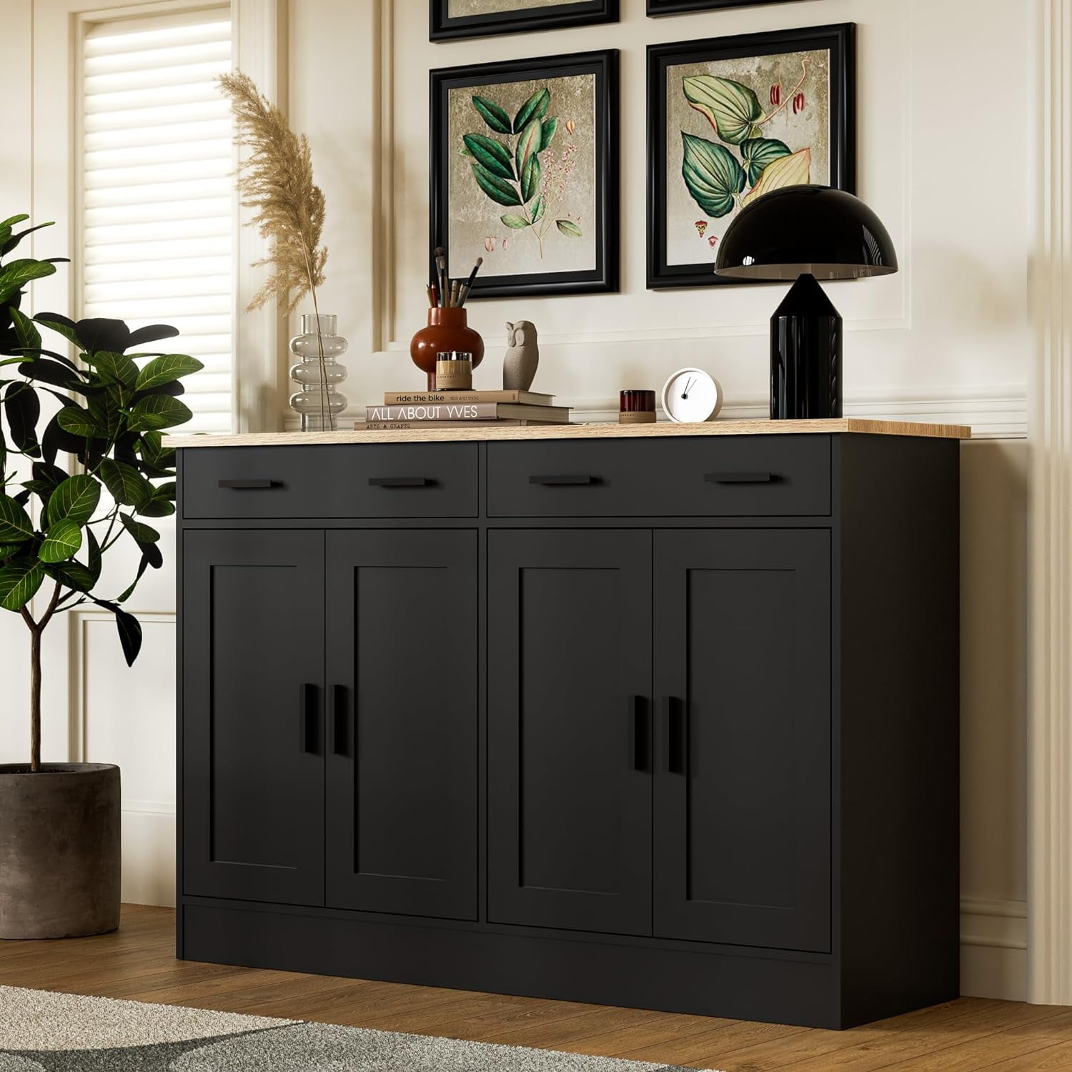 Black Buffet Cabinet, Coffee Bar Cabinet with 2 Drawers & 4 Doors ...