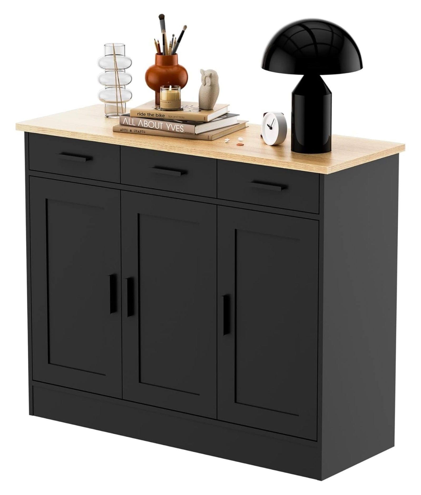 Black Buffet Cabinet, Coffee Bar Cabinet with 3 Drawers & 3 Doors ...