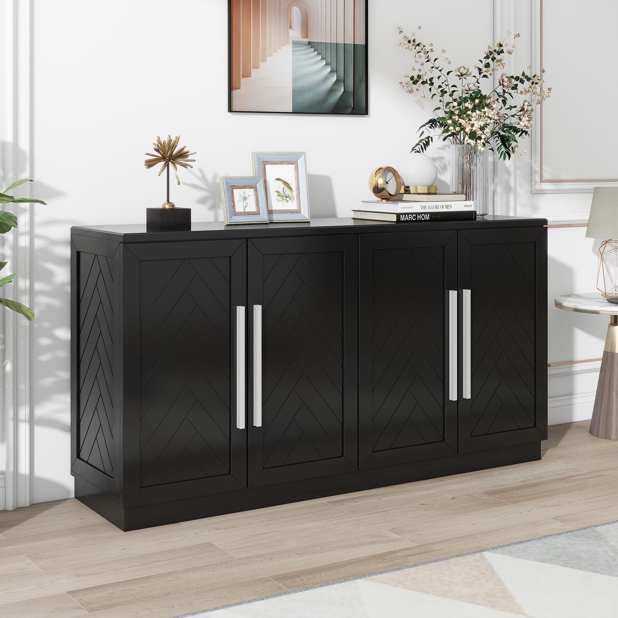 Black Buffet Cabinet, FURNINEST Accent Cabinet with 4 Doors, Farmhouse ...