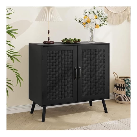 Black Buffet Sideboard Cabinet, Storage Cabinet with Handmade PVC Rattan Decor Doors, Wooden Coffee Station with Adjustable Shelf for Kitchen, Living Room, Entryway