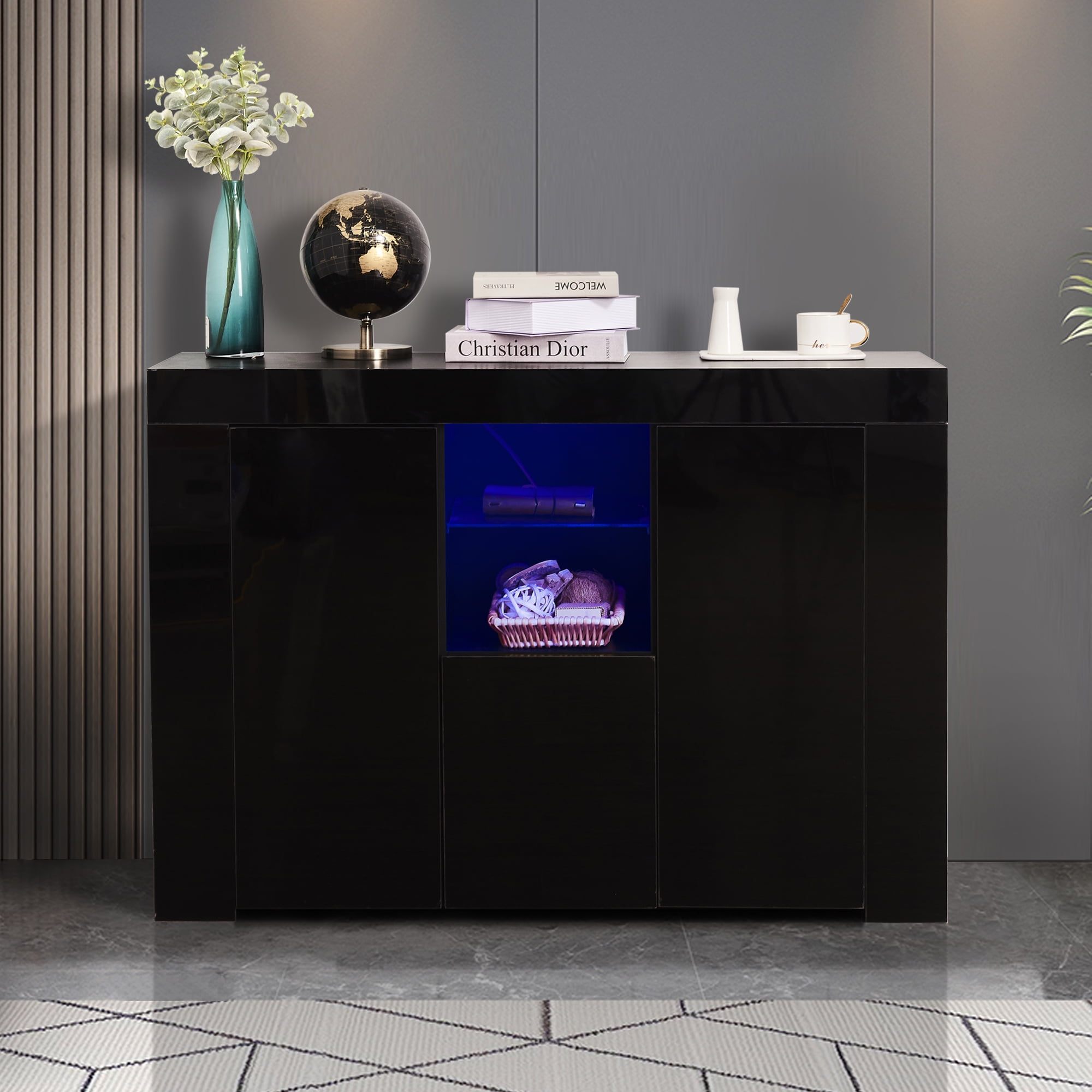 Black Buffet Sidetable Cupboard with 16 Color LED Light, Living Room ...