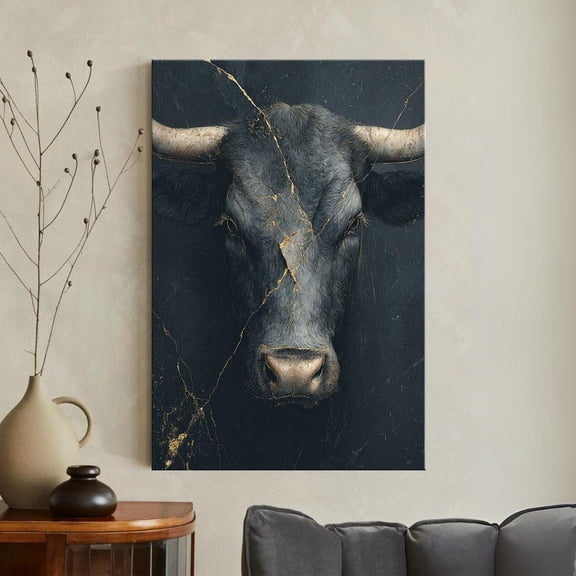 Black Bull Print Kintsugi Gold Art Dark Moody Farmhouse Decor Masculine Art, Unframed Paper Poster 16x20in