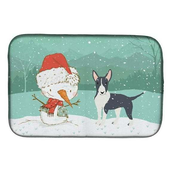 Black Bull Terrier Snowman Christmas Dish Drying Mat