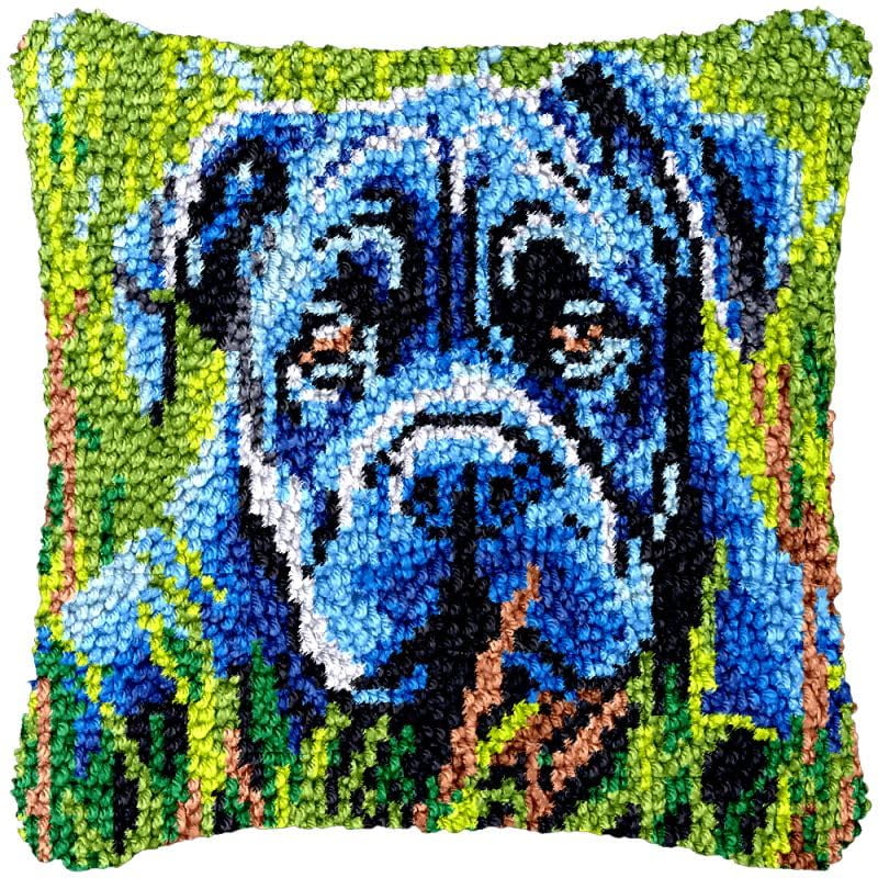 Black Bulldog Latch Hook Pillow Cover Kits for DIY Cushion Cross Stitch Crochet Hooking Latch Hook Pillowcase Rug Kits with Preprinted Canvas Crochet Yarn Kits Needlework Crafts 17'' X 17''