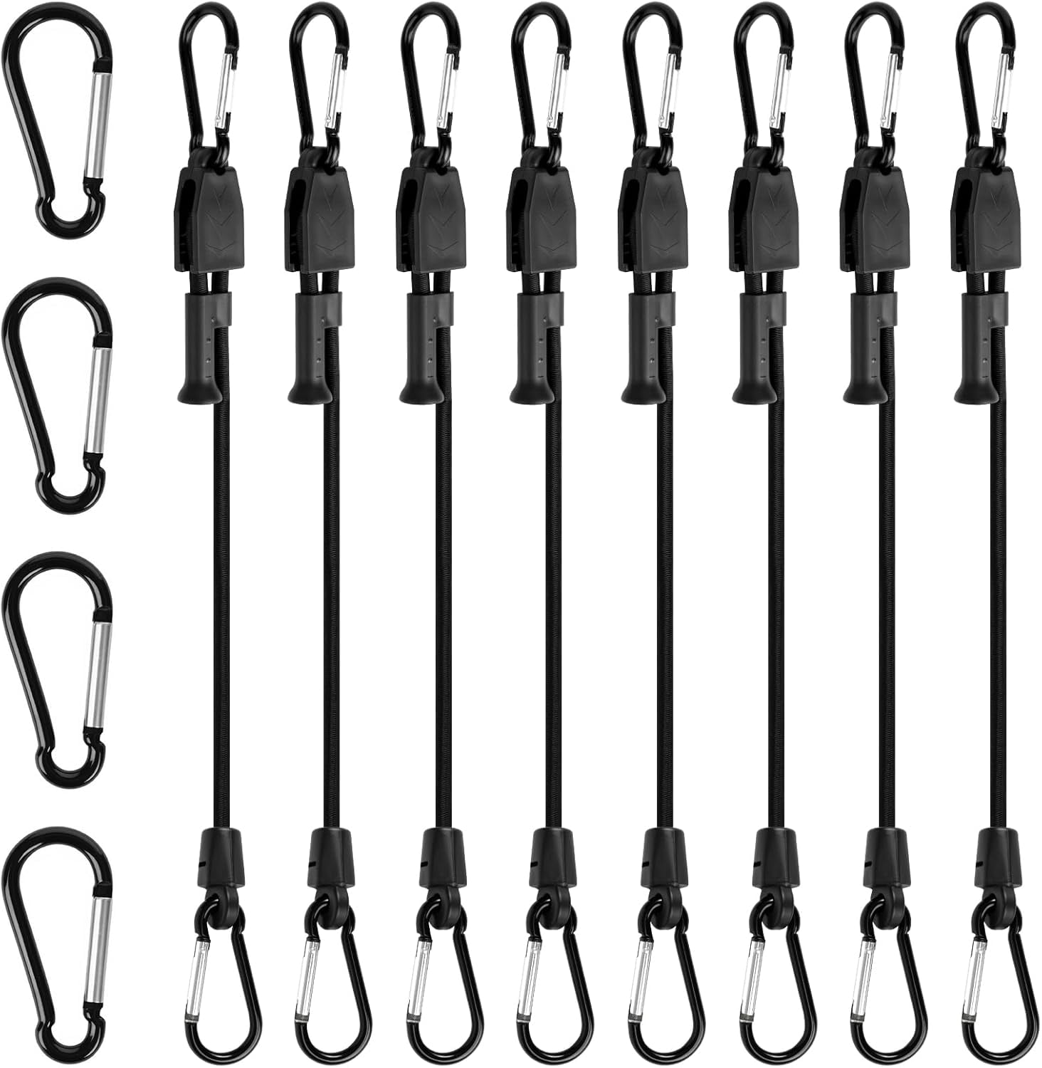 Black Bungee Cords with Hooks 24 in, with 8 Pcs Adjustable Carabiner Bungee Straps and 4 Spare Clips, UV Resistant Shock Cord